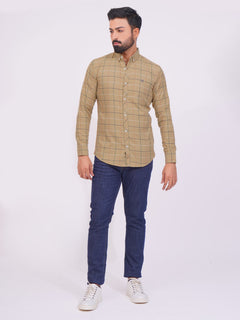 Light Brown Color Check Button Down Casual Shirt (CSC-144)