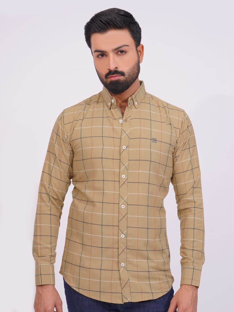 Light Brown Color Check Button Down Casual Shirt (CSC-144)