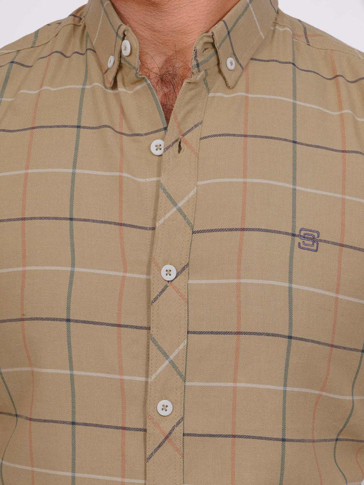 Light Brown Color Check Button Down Casual Shirt (CSC-144)