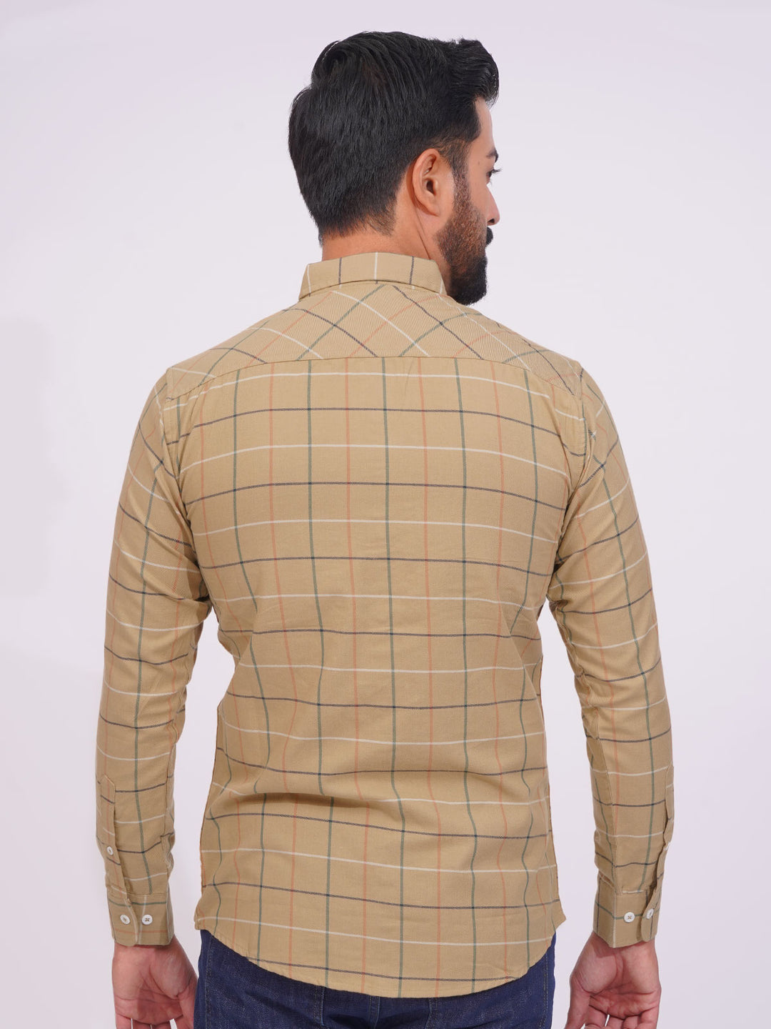 Light Brown Color Check Button Down Casual Shirt (CSC-144)