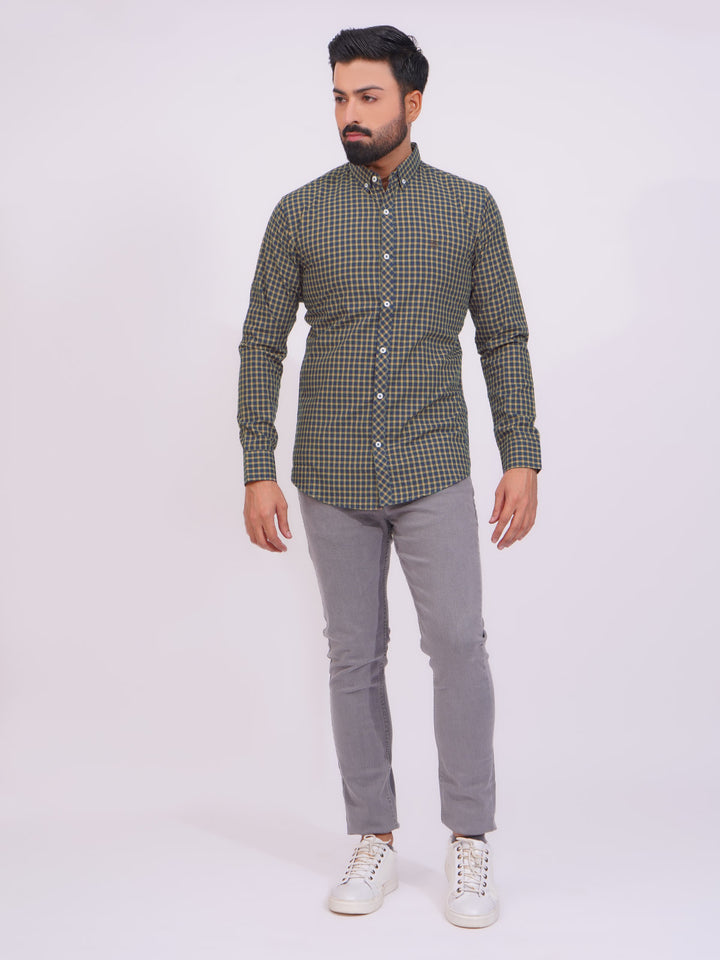 Blue Color Check Button Down Casual Shirt (CSC-145)