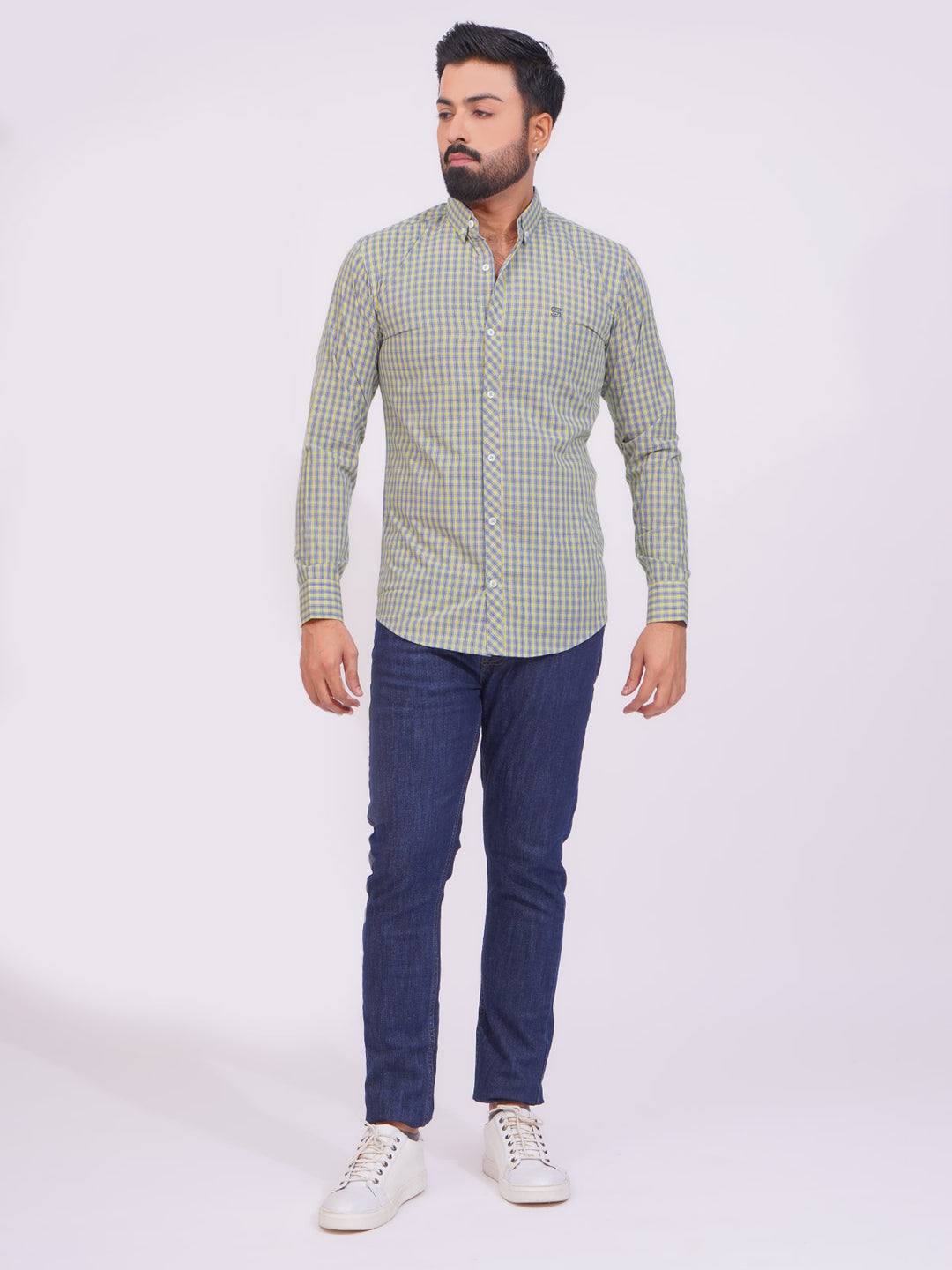 Yellow Color Check Button Down Casual Shirt (CSC-146)