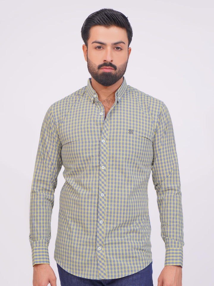 Yellow Color Check Button Down Casual Shirt (CSC-146)