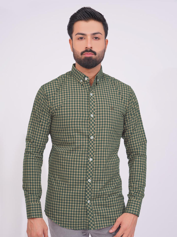 Green Color Check Button Down Casual Shirt (CSC-147)