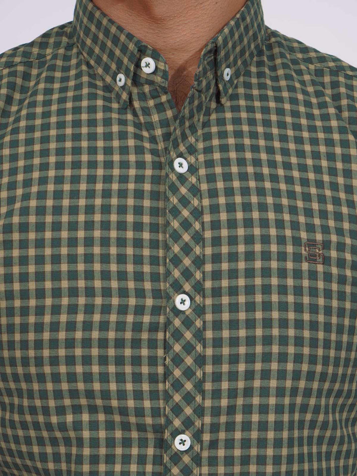 Green Color Check Button Down Casual Shirt (CSC-147)