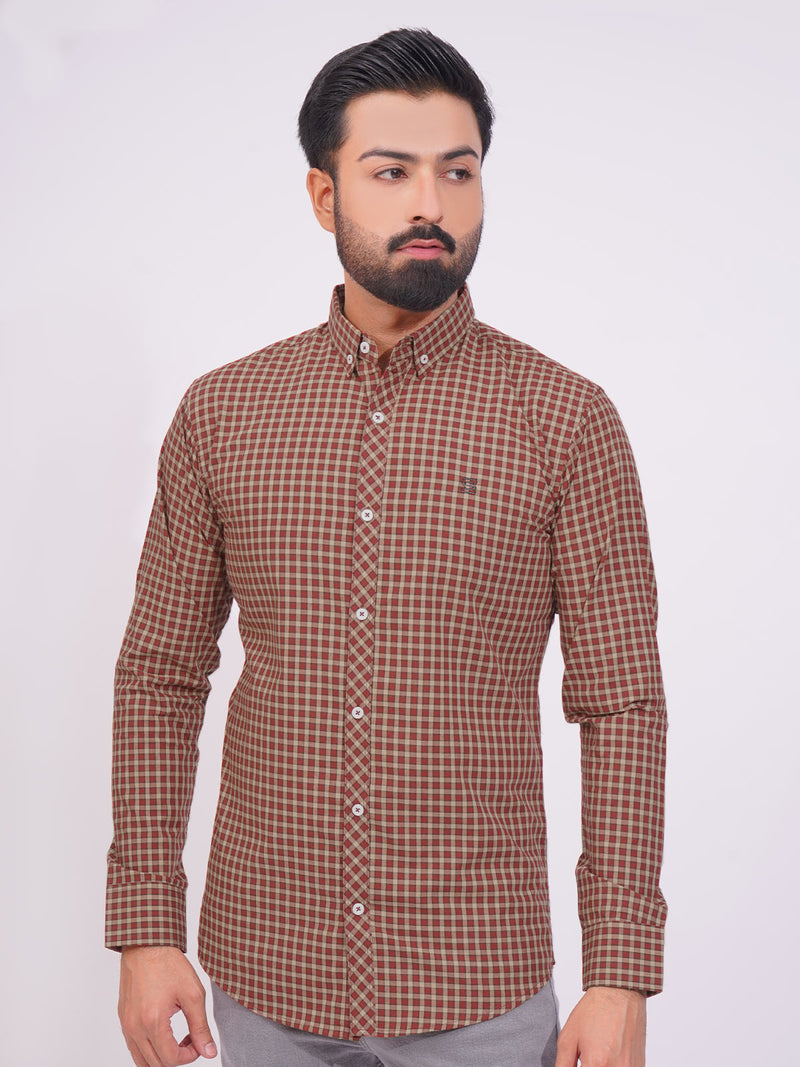Maroon Color Check Button Down Casual Shirt (CSC-148)