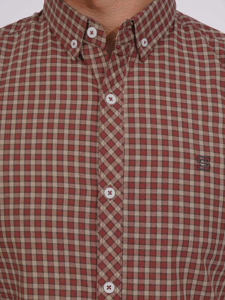 Maroon Color Check Button Down Casual Shirt (CSC-148)