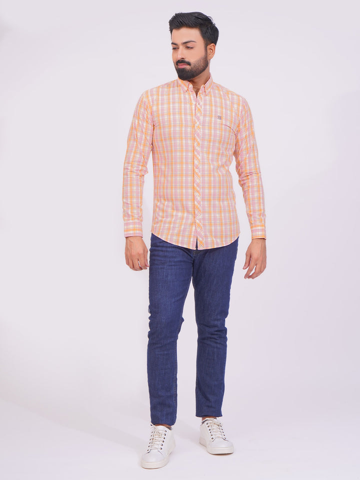 Pink Color Check Button Down Casual Shirt (CSC-149)