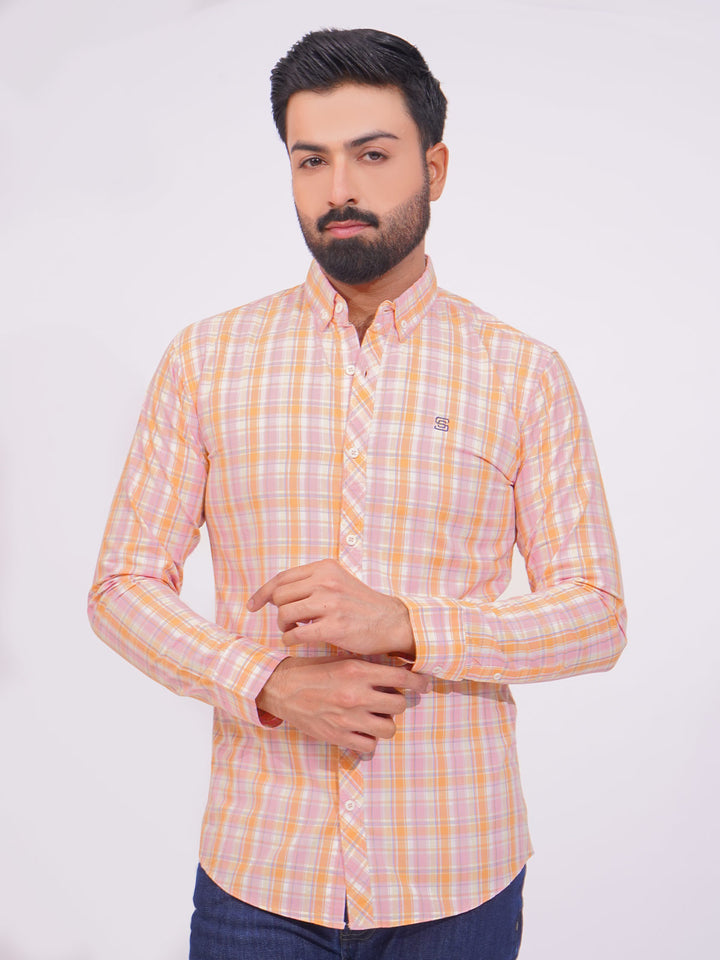 Pink Color Check Button Down Casual Shirt (CSC-149)