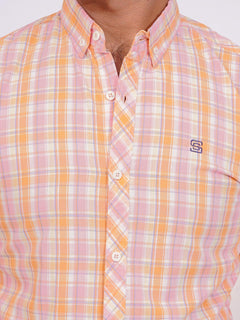 Pink Color Check Button Down Casual Shirt (CSC-149)