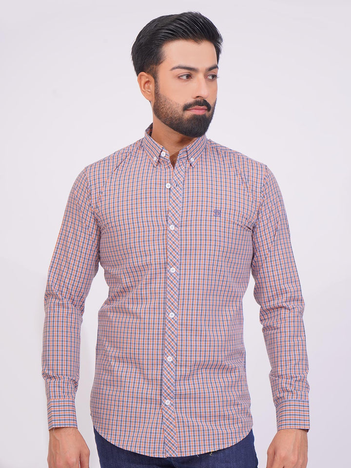 Orange Color Check Button Down Casual Shirt (CSC-150)