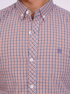 Orange Color Check Button Down Casual Shirt (CSC-150)