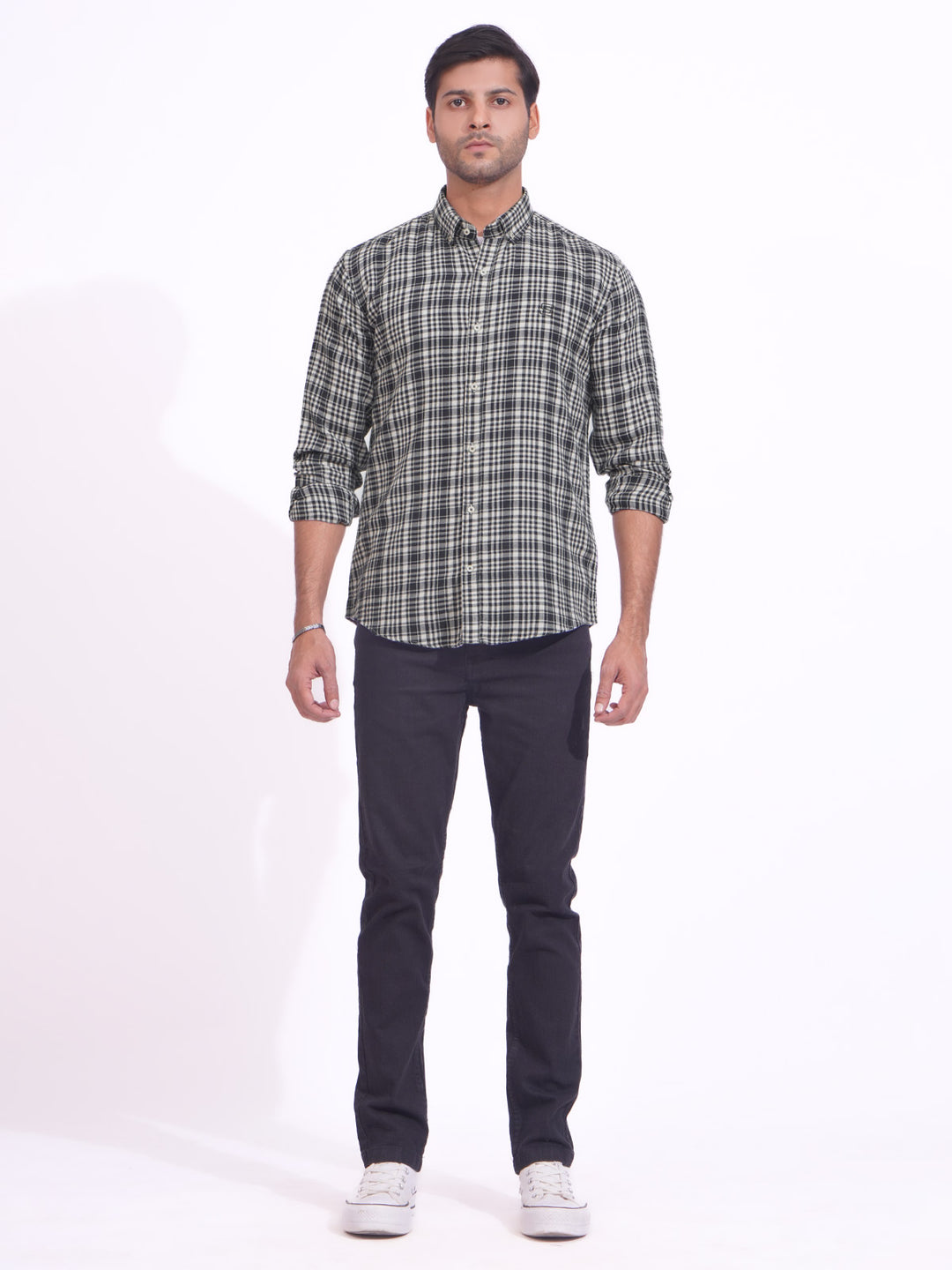 Black & White Check Button Down Casual Shirt (CSC-154)