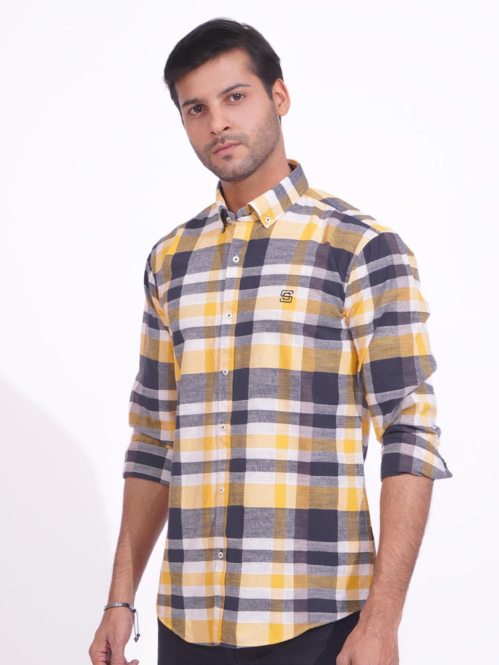 Yellow & Black Check Button Down Casual Shirt (CSC-157)