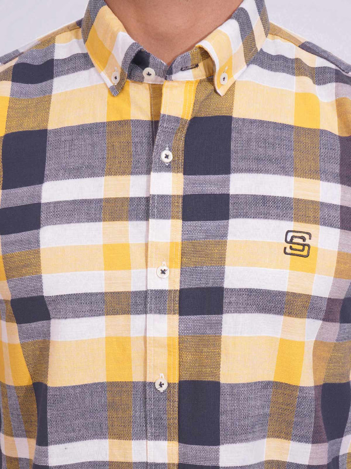 Yellow & Black Check Button Down Casual Shirt (CSC-157)