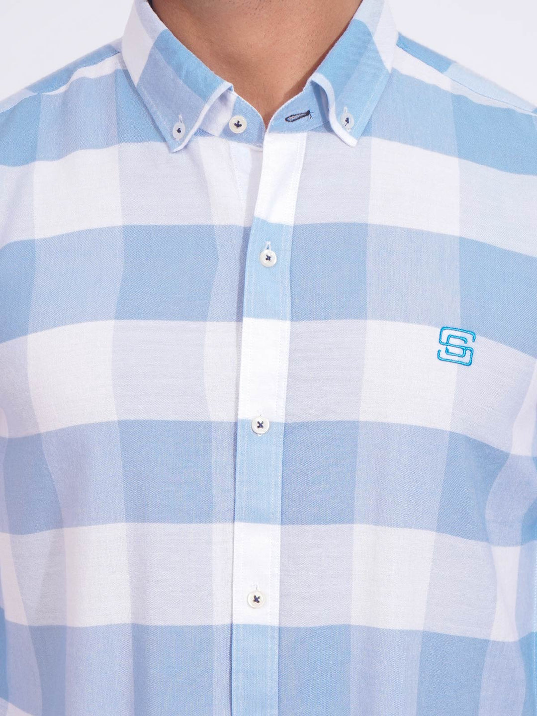 Blue & White Check Button Down Casual Shirt (CSC-159)