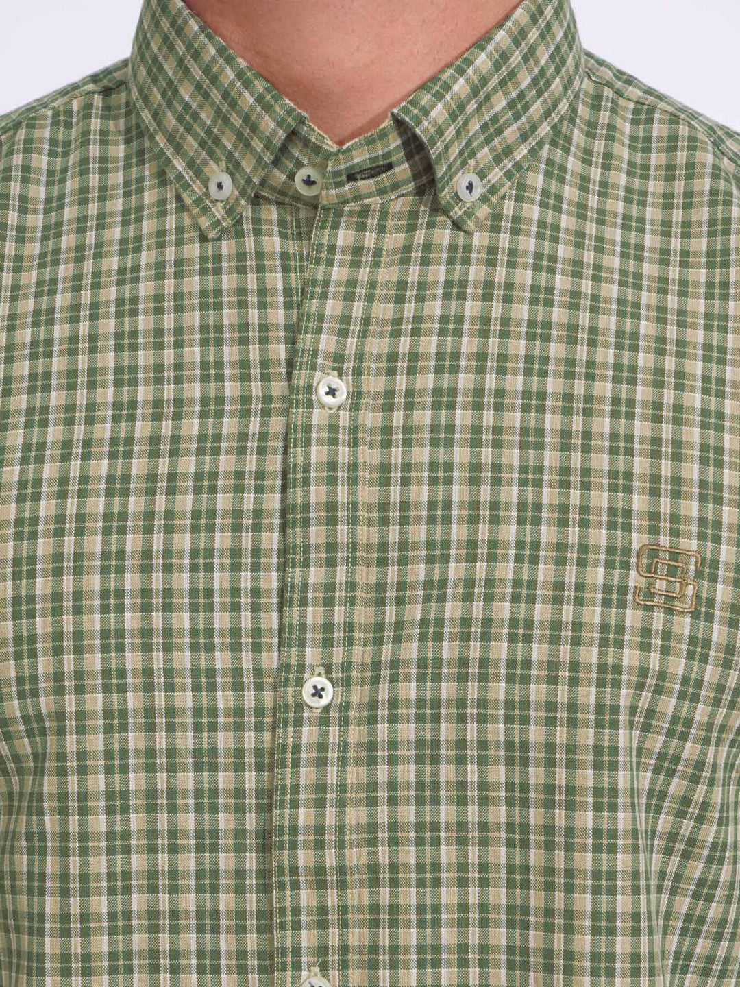 Green & Fawn Check Button Down Casual Shirt (CSC-162)