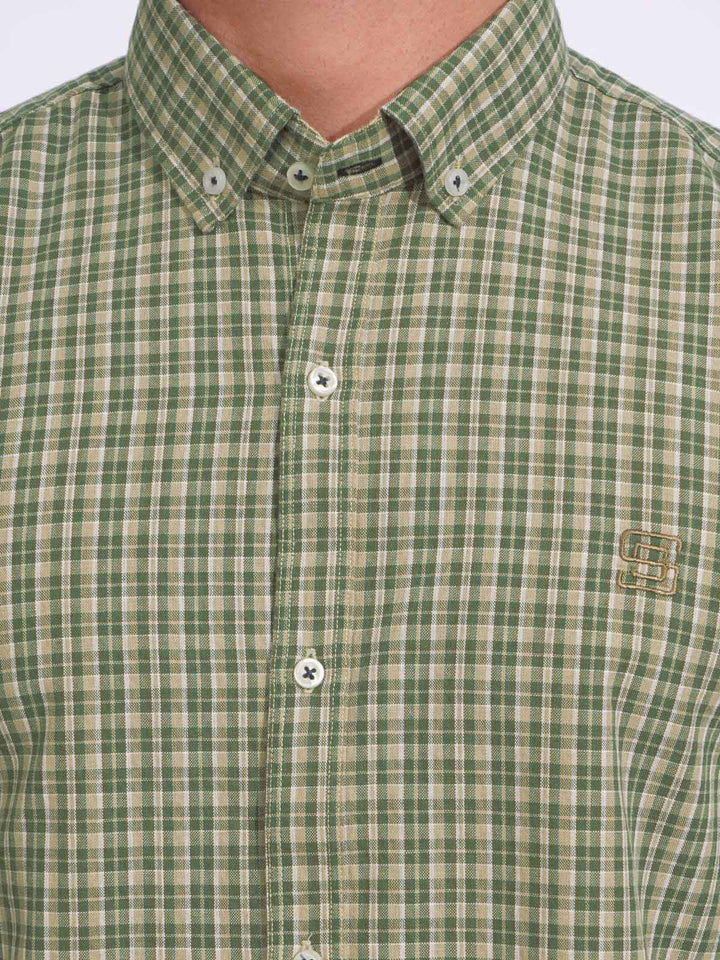 Green & Fawn Check Button Down Casual Shirt (CSC-162)