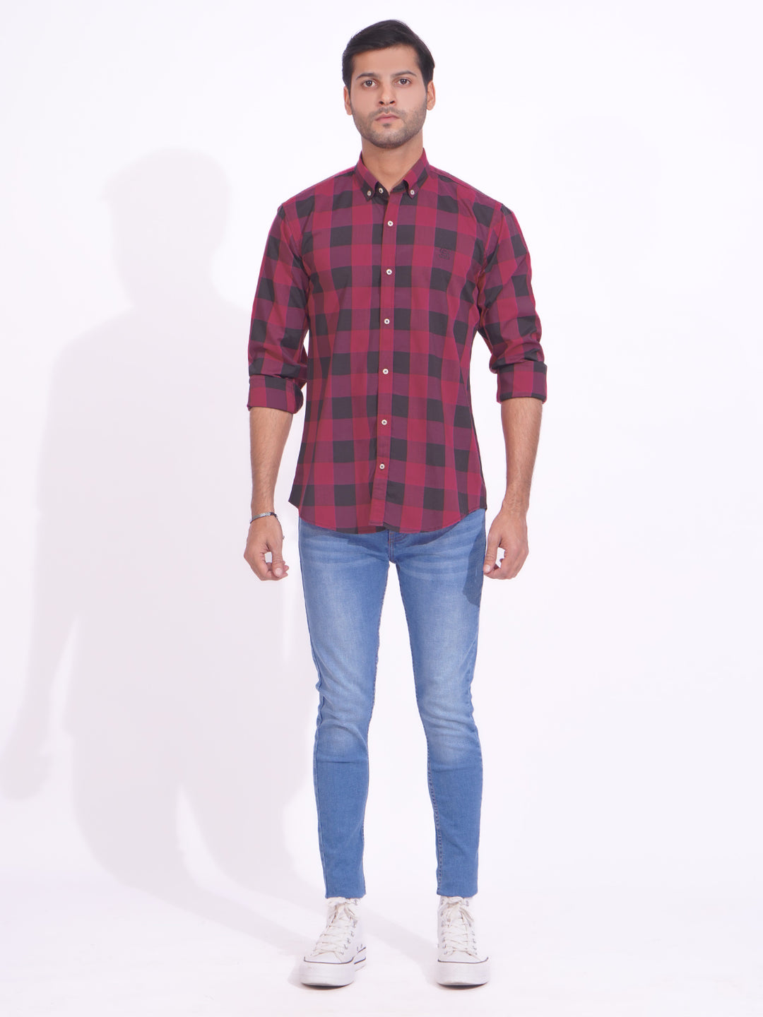 Maroon & Black Check Button Down Casual Shirt (CSC-169)