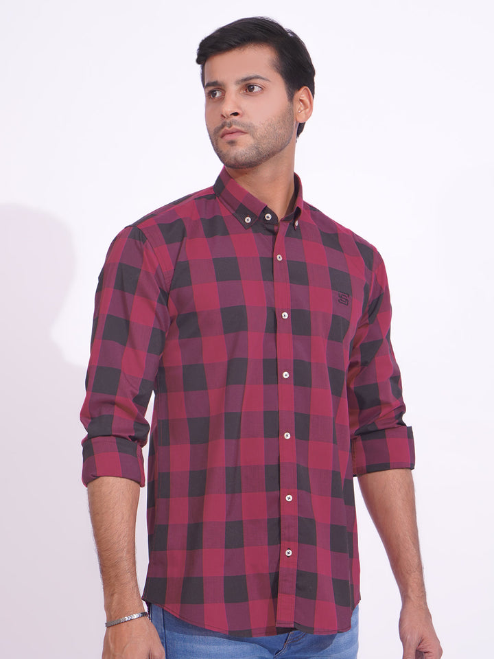 Maroon & Black Check Button Down Casual Shirt (CSC-169)