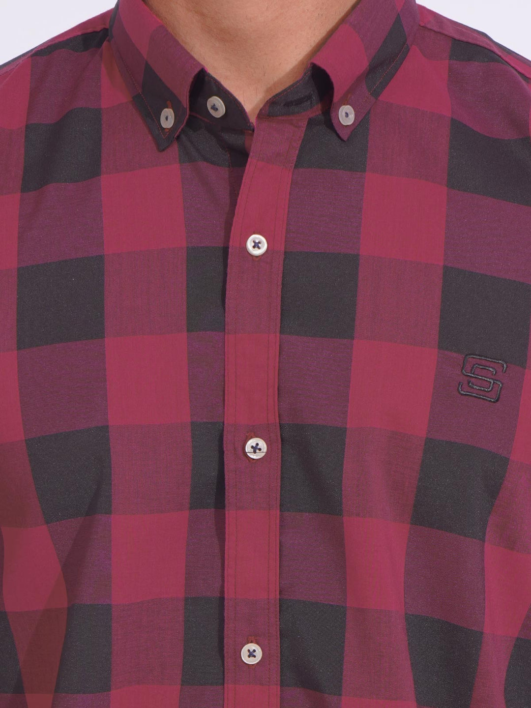 Maroon & Black Check Button Down Casual Shirt (CSC-169)