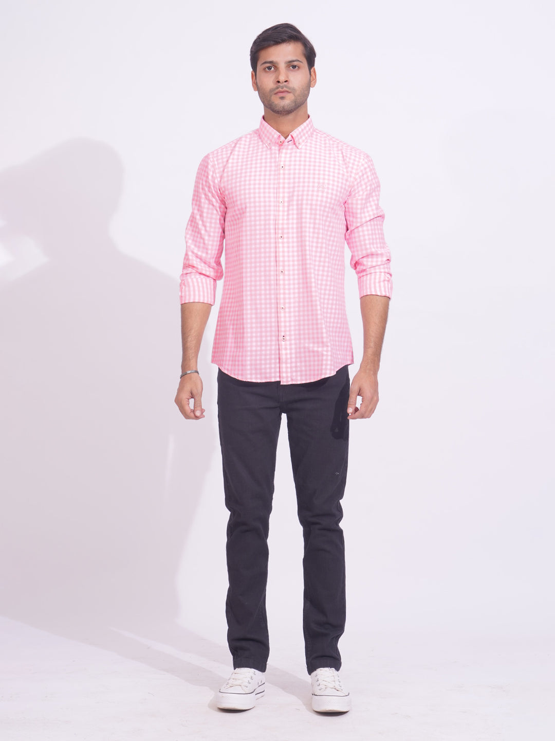 Light Pink Check Button Down Casual Shirt (CSC-173)