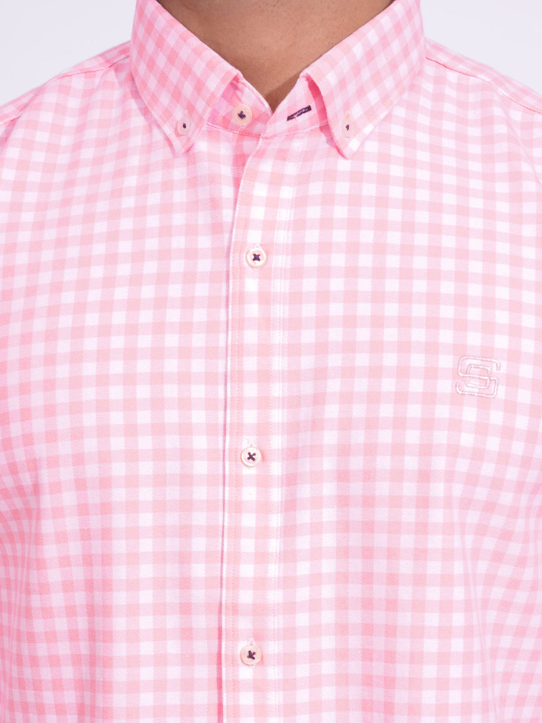 Light Pink Check Button Down Casual Shirt (CSC-173)