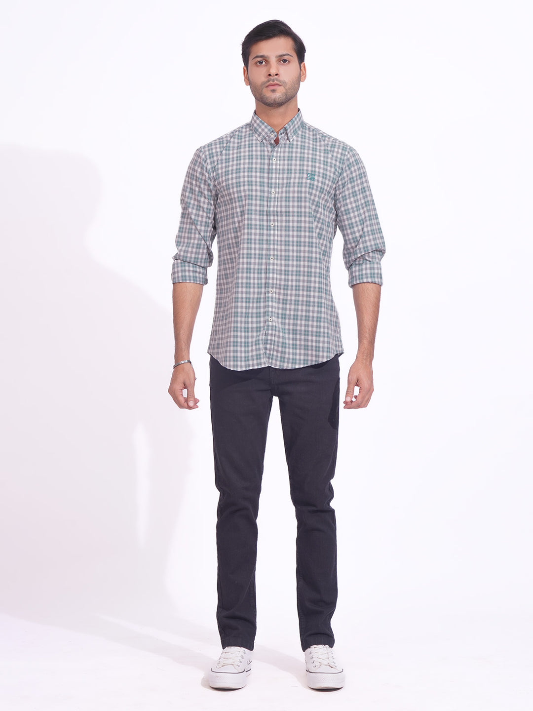 Light Blue & White Check Button Down Casual Shirt (CSC-178)