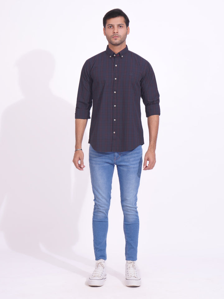 Navy Blue & Black Check Button Down Casual Shirt (CSC-181)