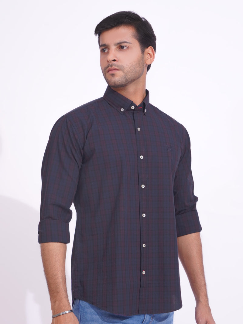 Navy Blue & Black Check Button Down Casual Shirt (CSC-181)