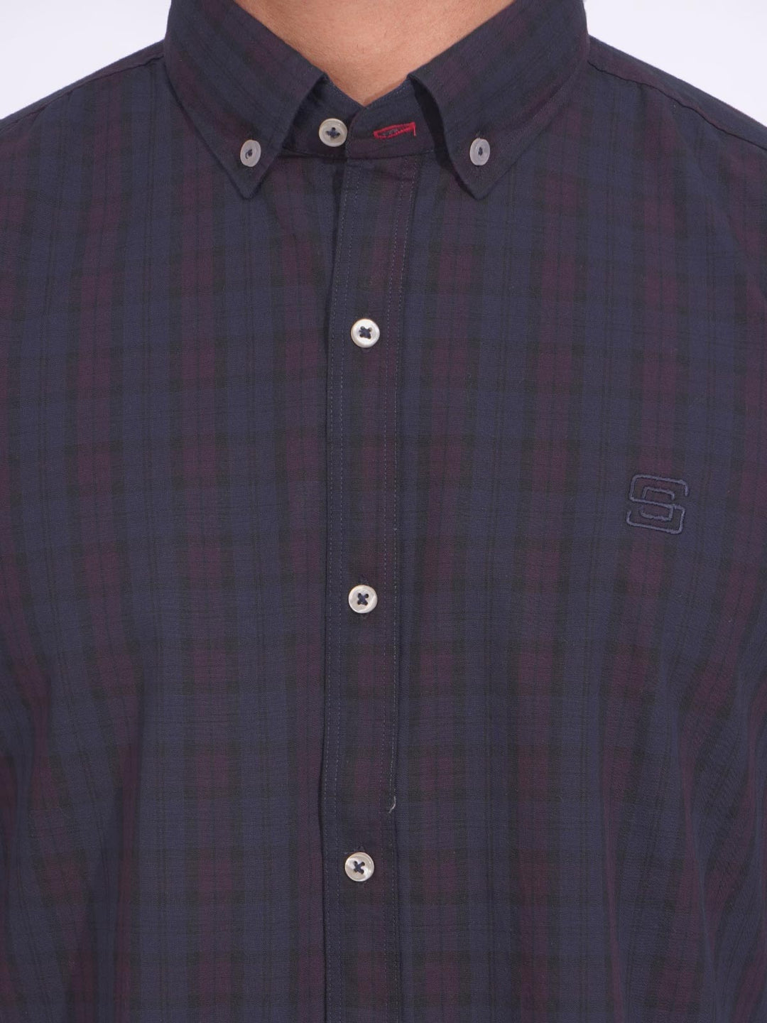 Navy Blue & Black Check Button Down Casual Shirt (CSC-181)