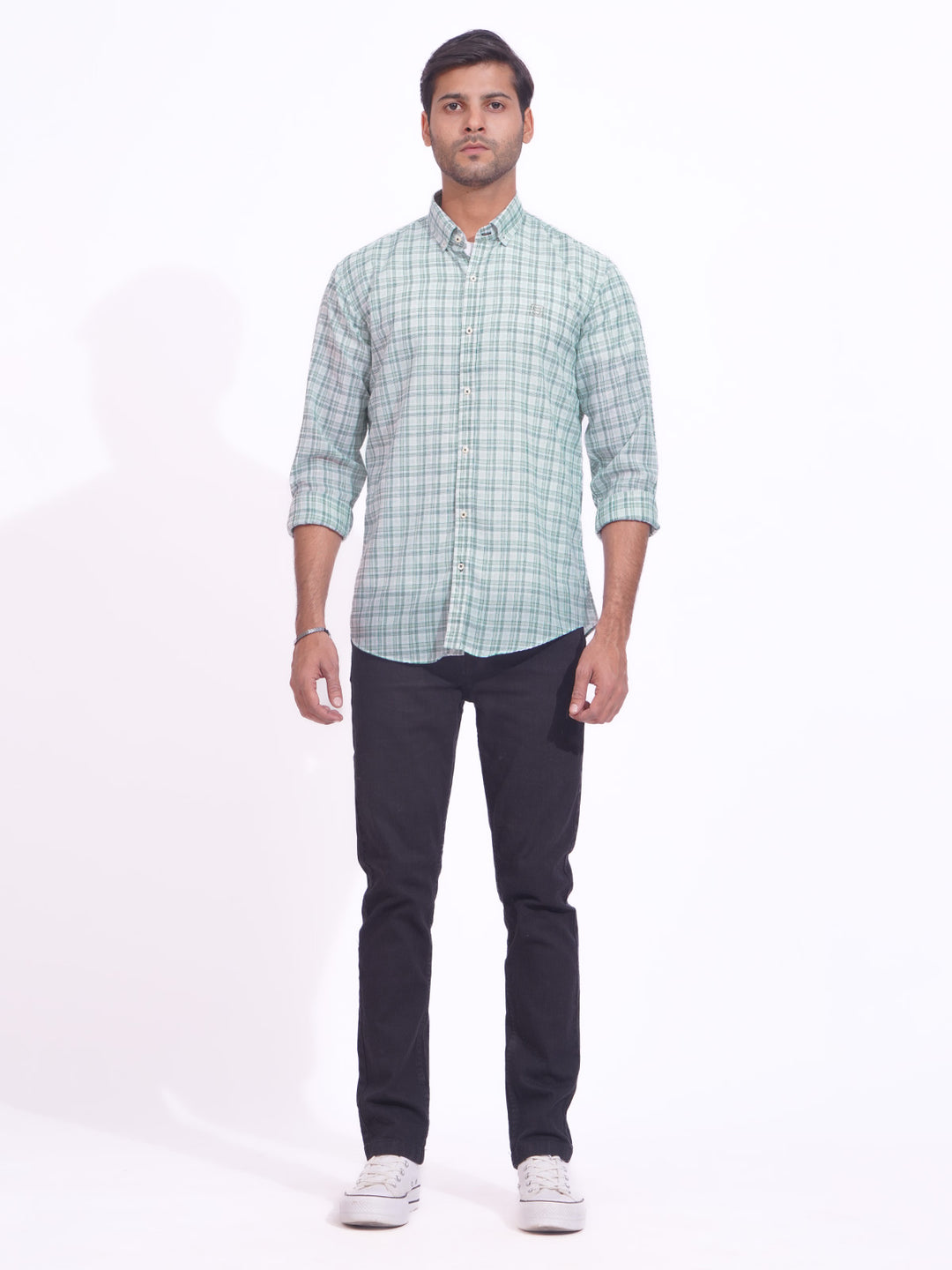 Light Green Check Button Down Casual Shirt (CSC-182)