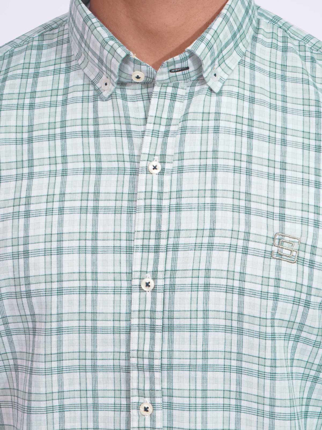 Light Green Check Button Down Casual Shirt (CSC-182)