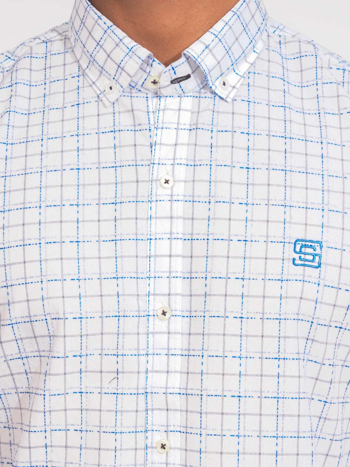 White & Blue Check Button Down Casual Shirt (CSC-186)