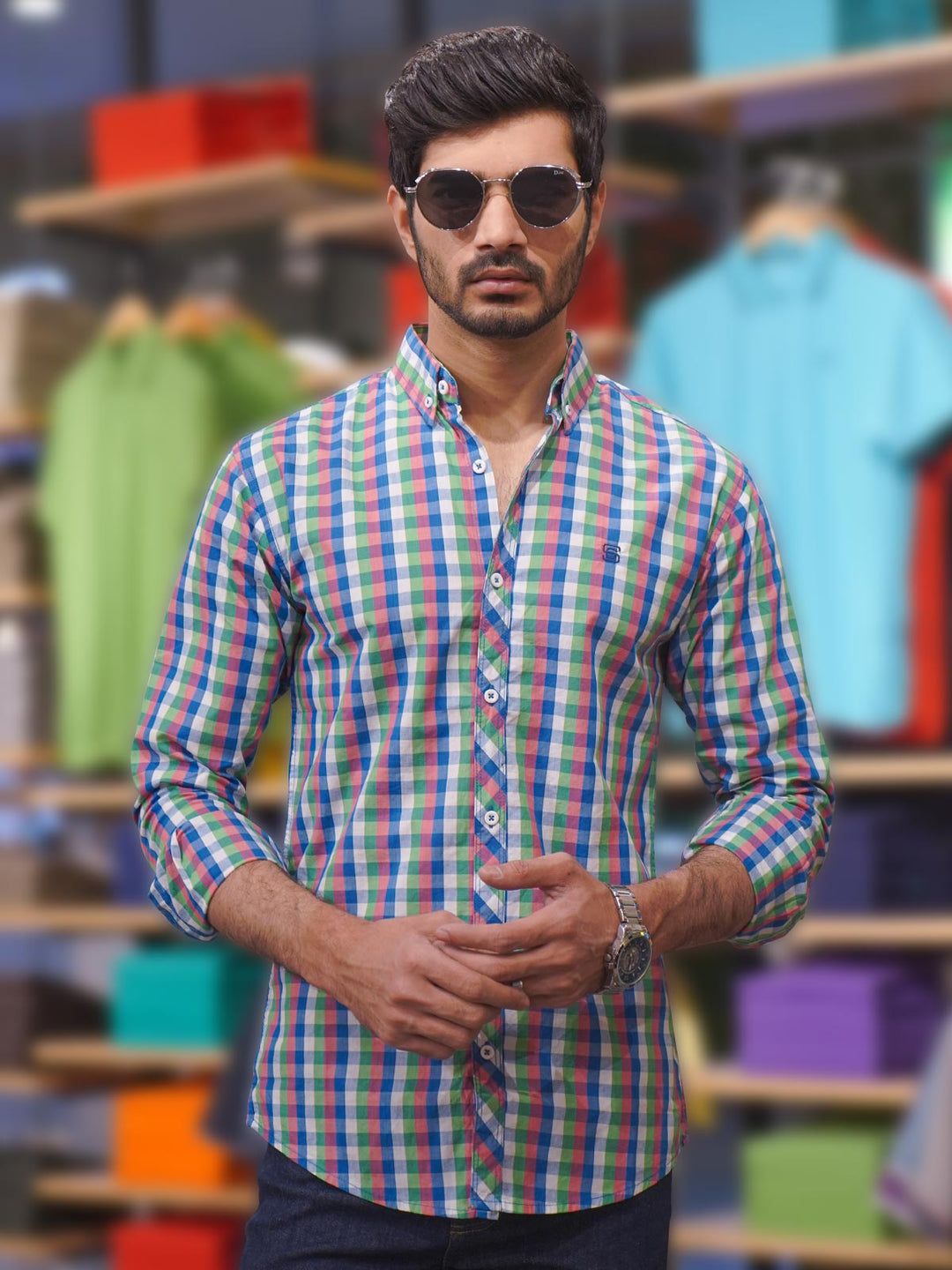 Multi Color Check Button Down Casual Shirt (CSC-189)