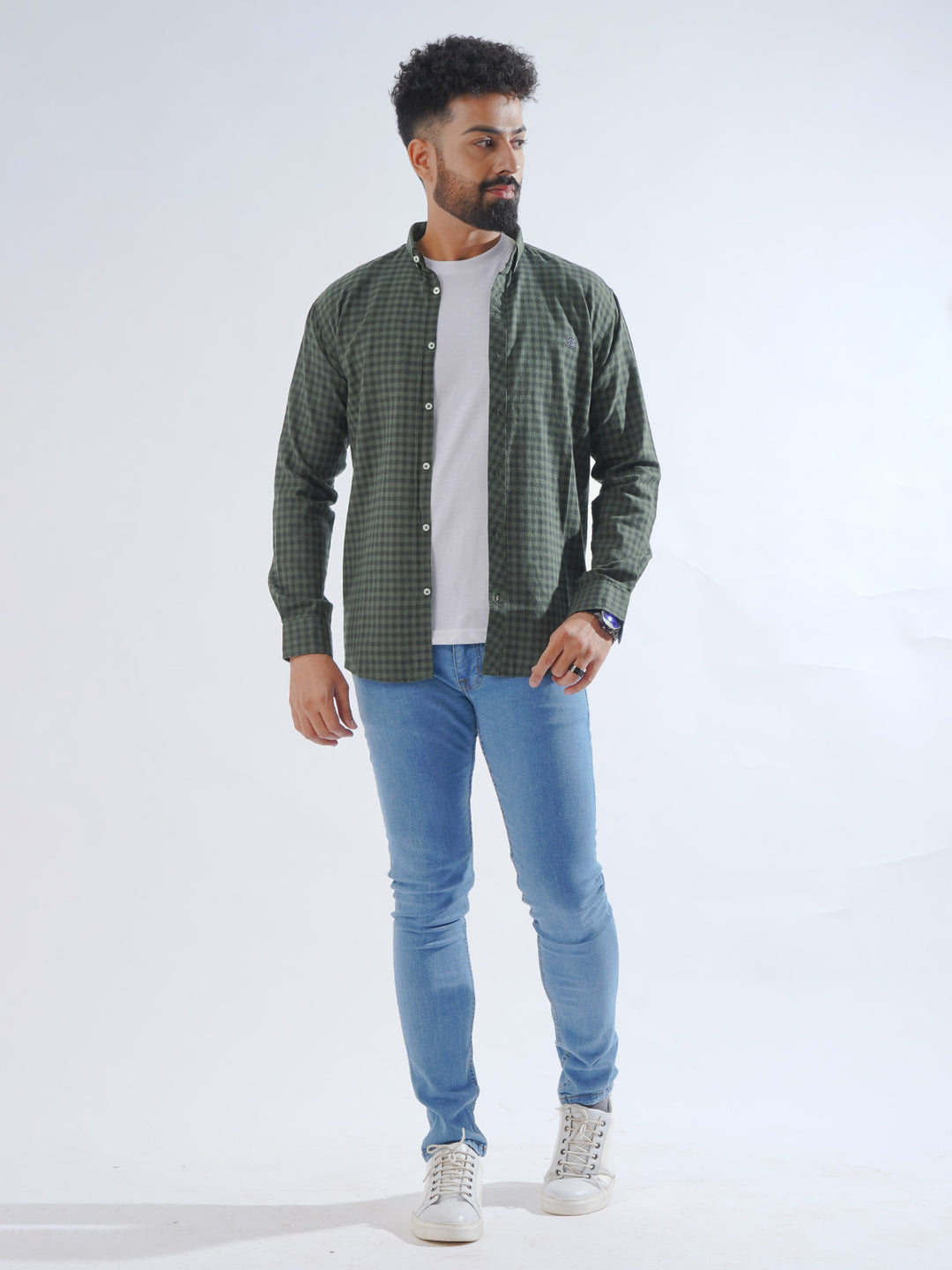 Dark Green Check Button Down Casual Shirt (CSC-190)