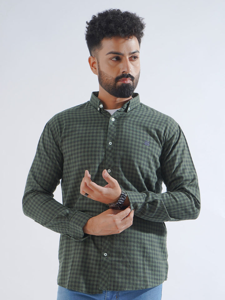 Dark Green Check Button Down Casual Shirt (CSC-190)