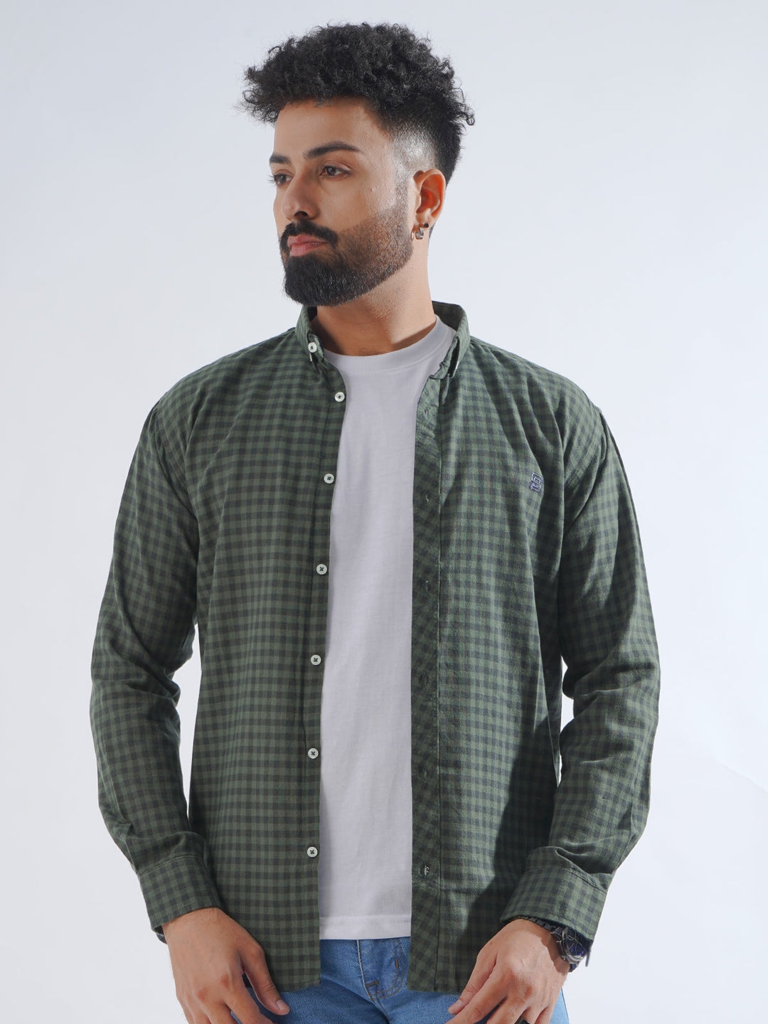 Dark Green Check Button Down Casual Shirt (CSC-190)