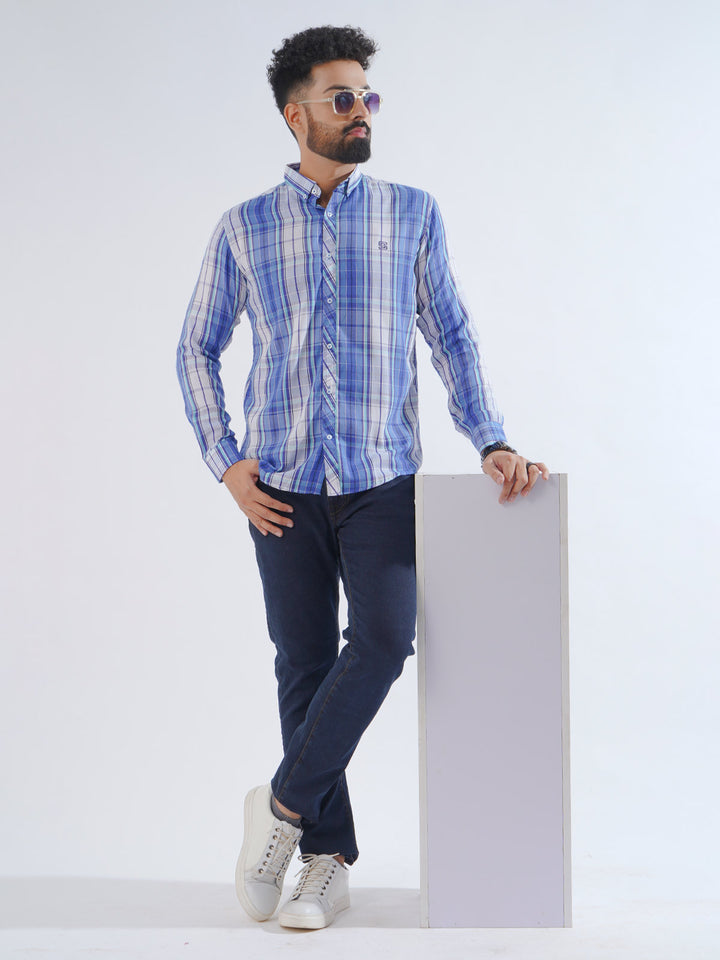 White & Blue Check Button Down Casual Shirt (CSC-191)