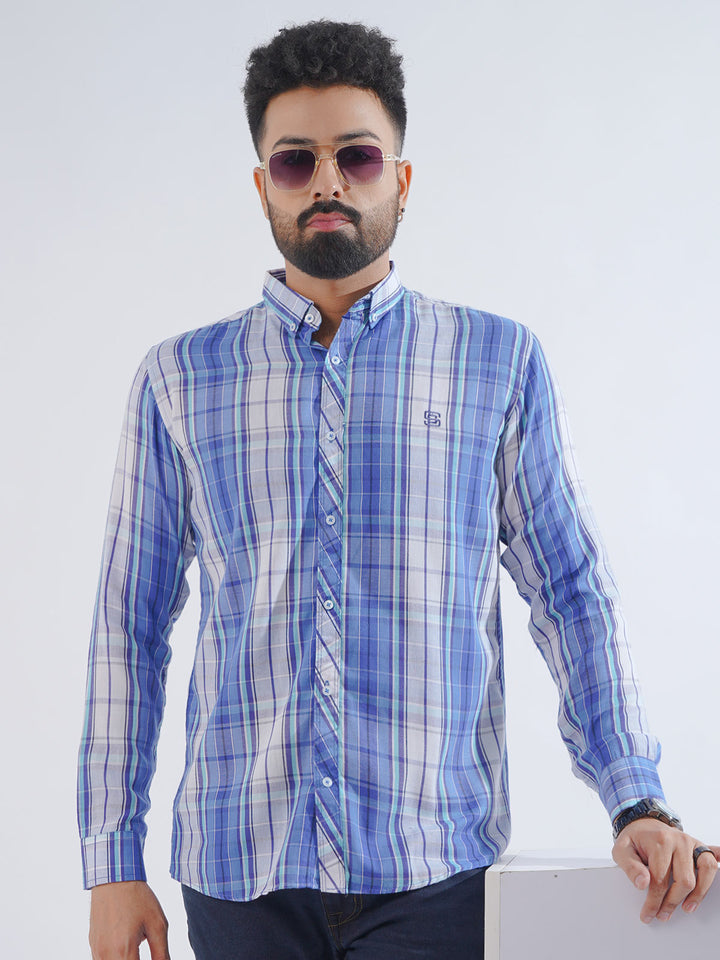 White & Blue Check Button Down Casual Shirt (CSC-191)