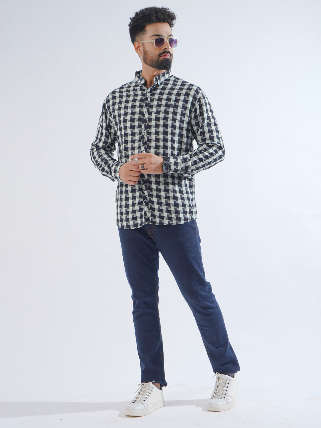 White & Navy Blue Check Button Down Casual Shirt (CSC-193)