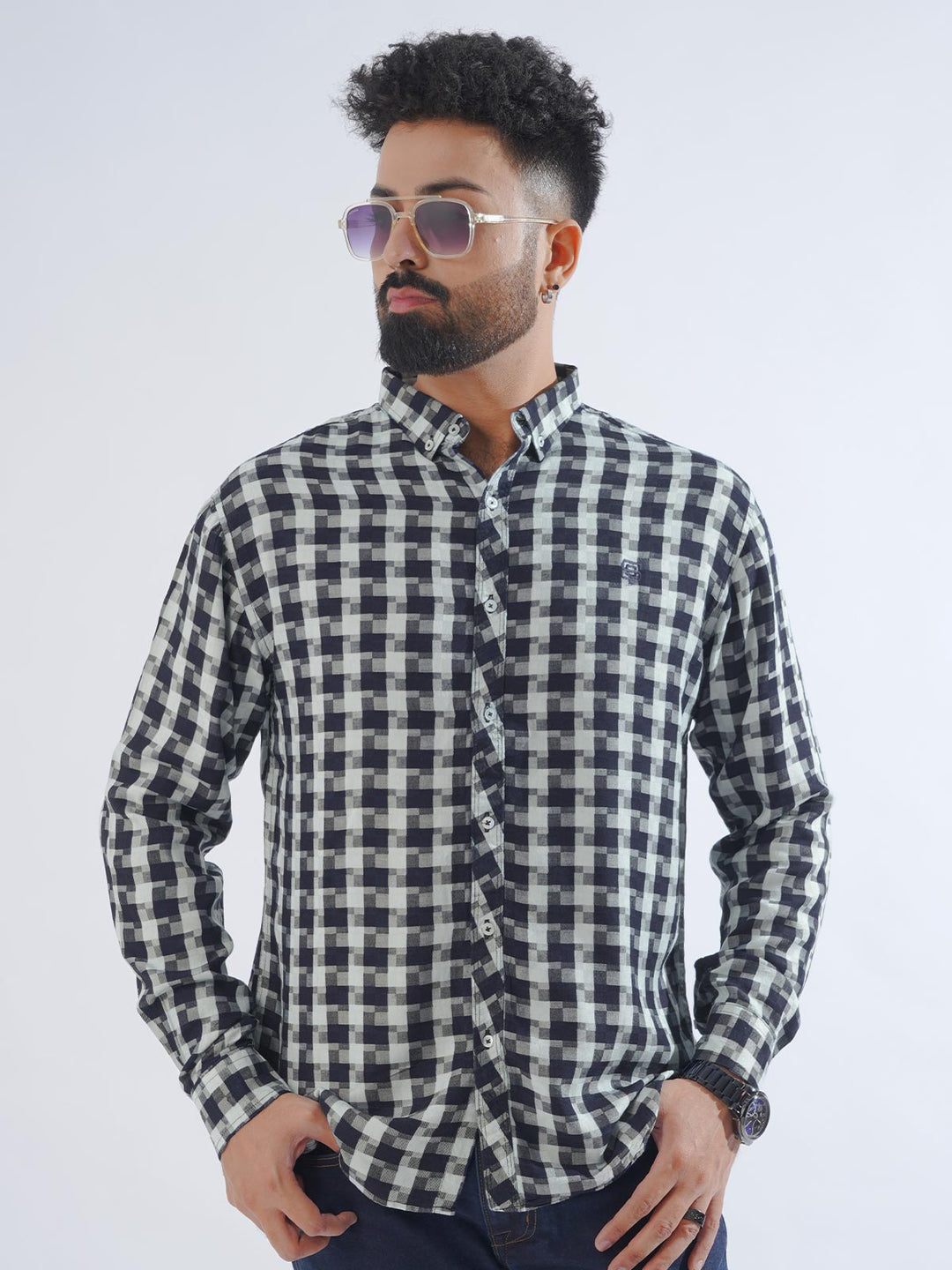 White & Navy Blue Check Button Down Casual Shirt (CSC-193)