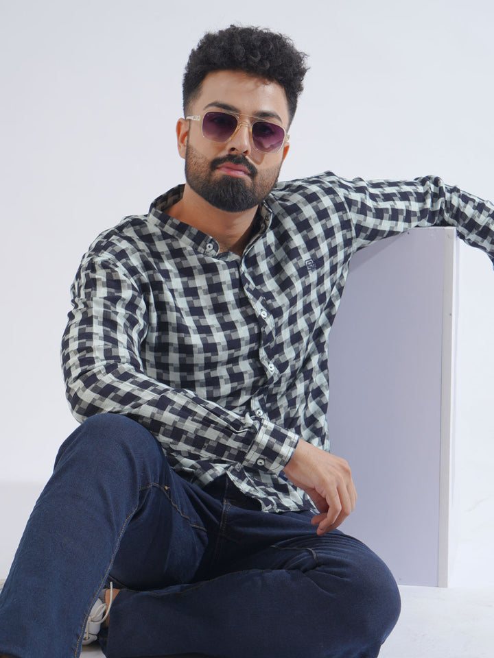 White & Navy Blue Check Button Down Casual Shirt (CSC-193)