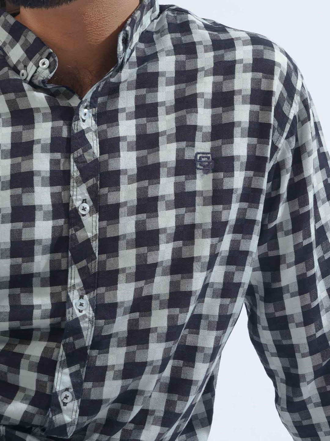 White & Navy Blue Check Button Down Casual Shirt (CSC-193)