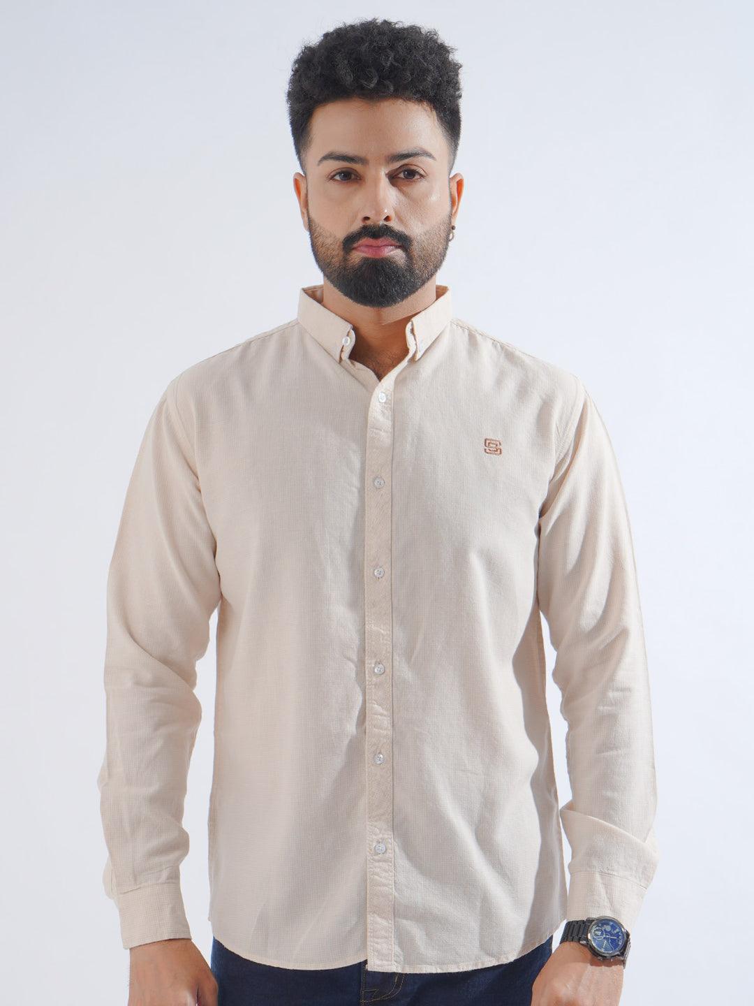 Light Brown Micro Check Button Down Casual Shirt (CSC-196)