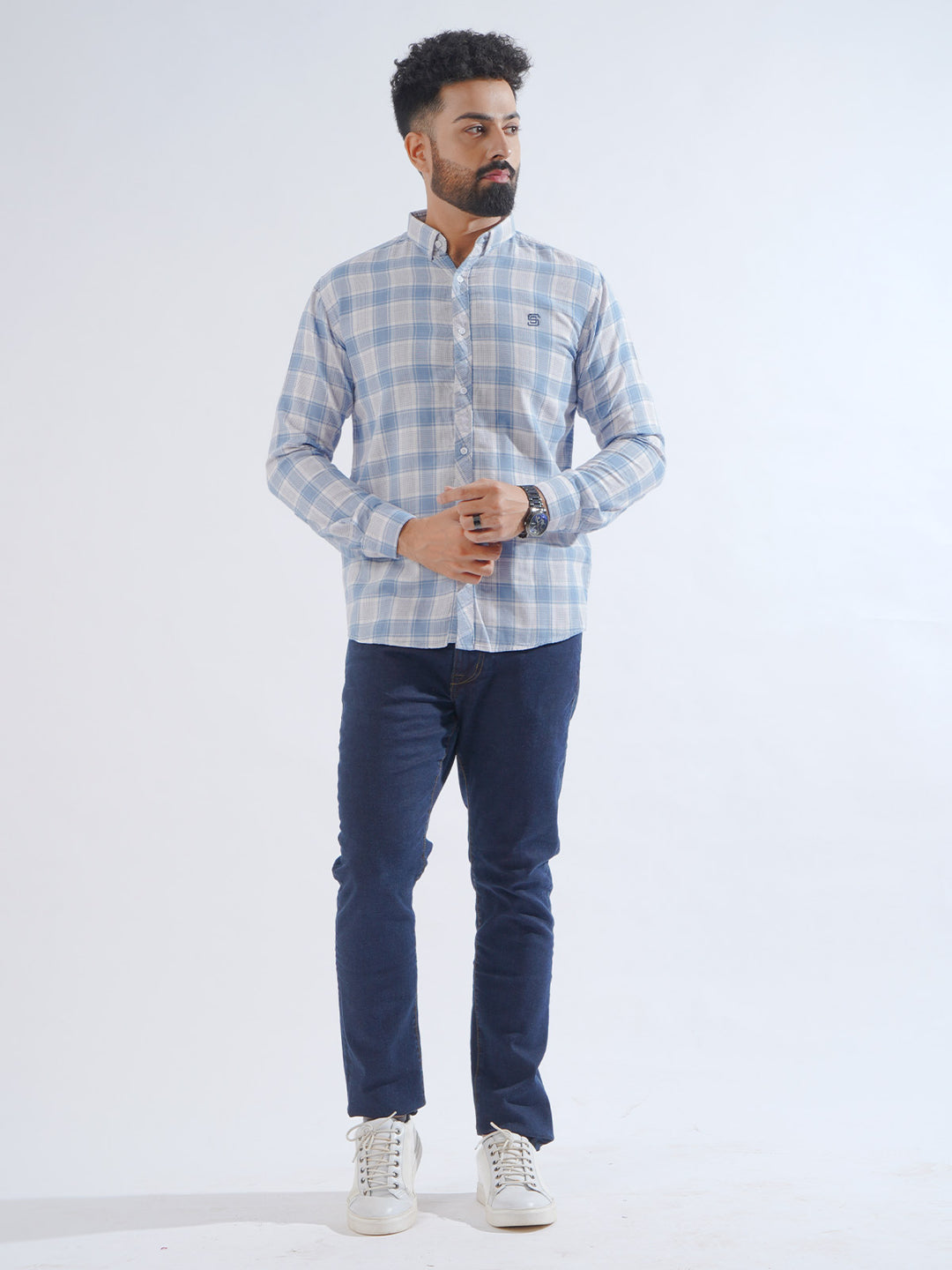 White & Light Blue Check Button Down Casual Shirt (CSC-198)