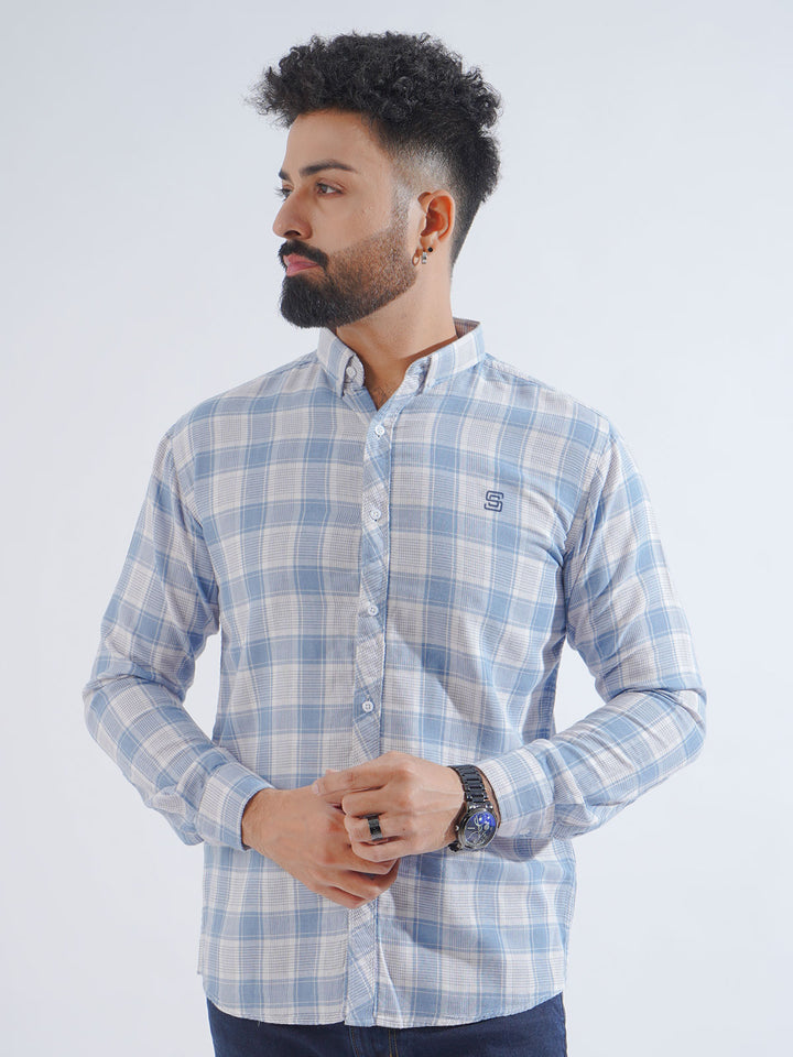 White & Light Blue Check Button Down Casual Shirt (CSC-198)