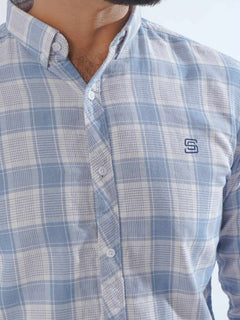 White & Light Blue Check Button Down Casual Shirt (CSC-198)