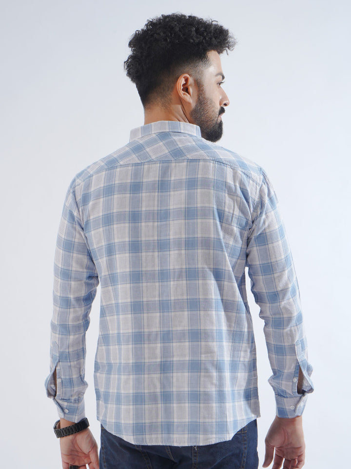 White & Light Blue Check Button Down Casual Shirt (CSC-198)