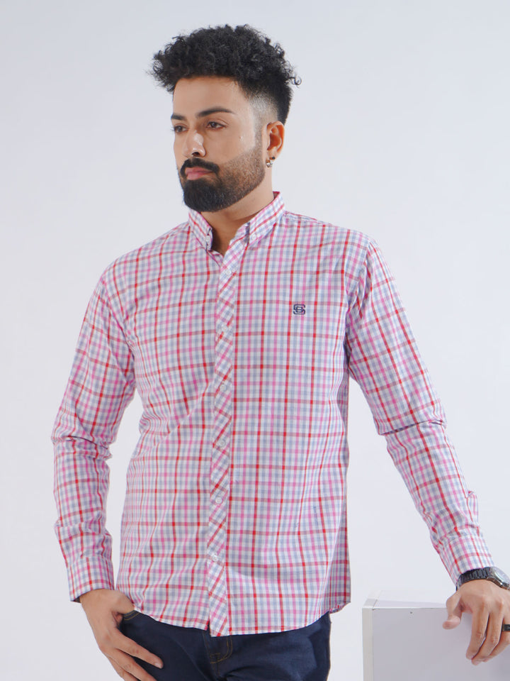 White & Red Check Button Down Casual Shirt (CSC-199)